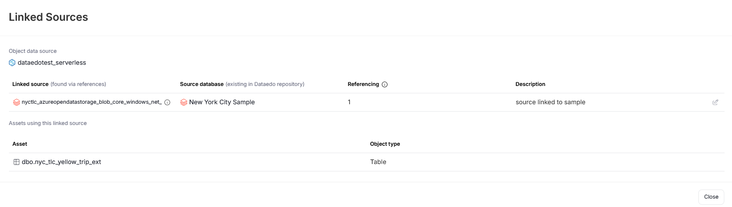 Details page of a Linked Source connection listing related objects