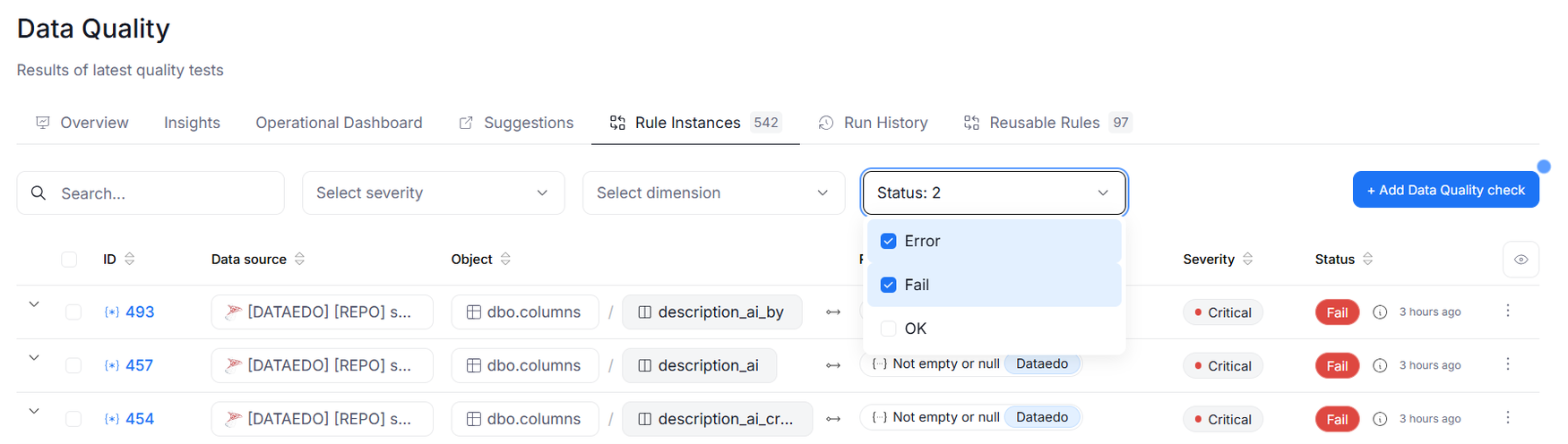 the multiple choice Status filter on a Data Quality grid