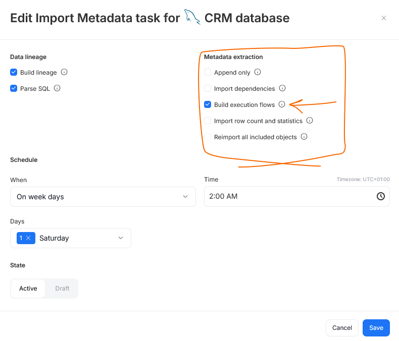 Build execution flows option when scheduling a Metadata Import