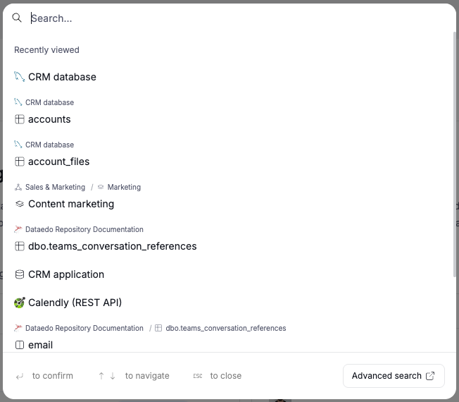 recently viewed objects shown in quick search