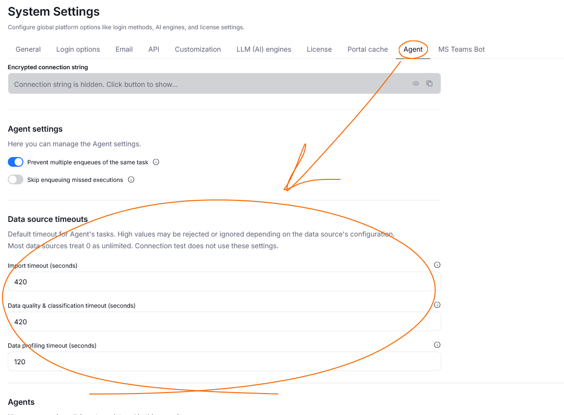 Data source timeouts section on the Agent tab of System Settings