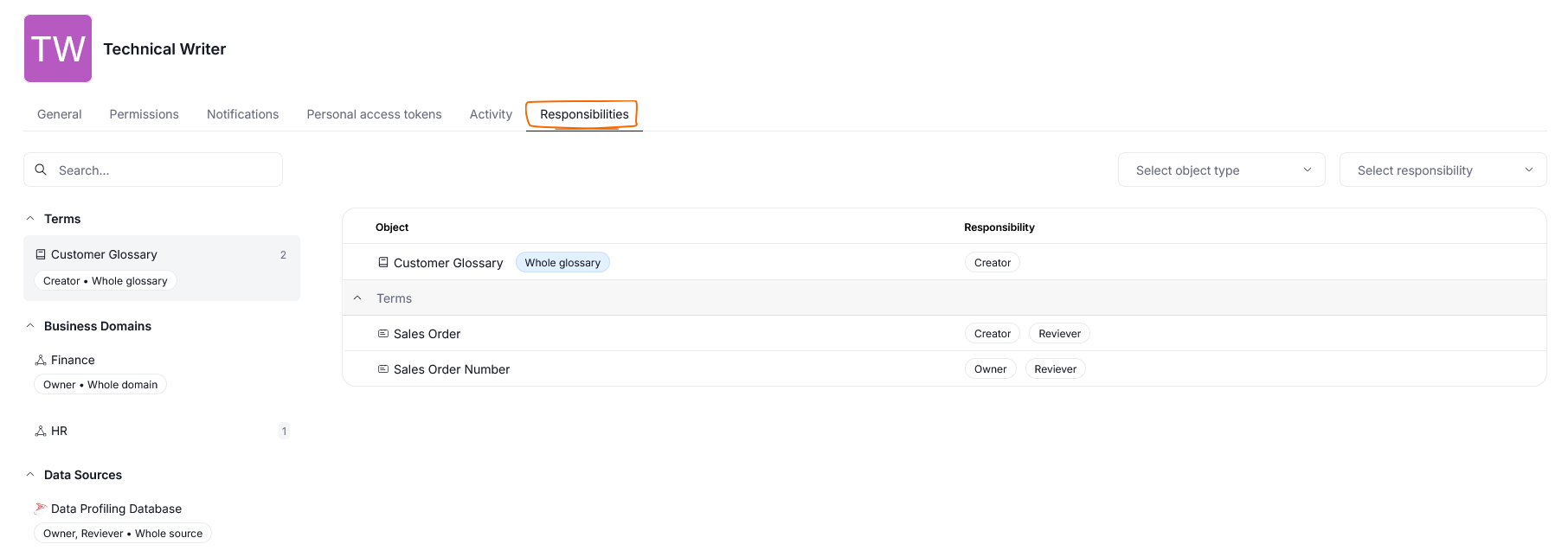 Responsibilities tab on a user profile listing objects and roles by type