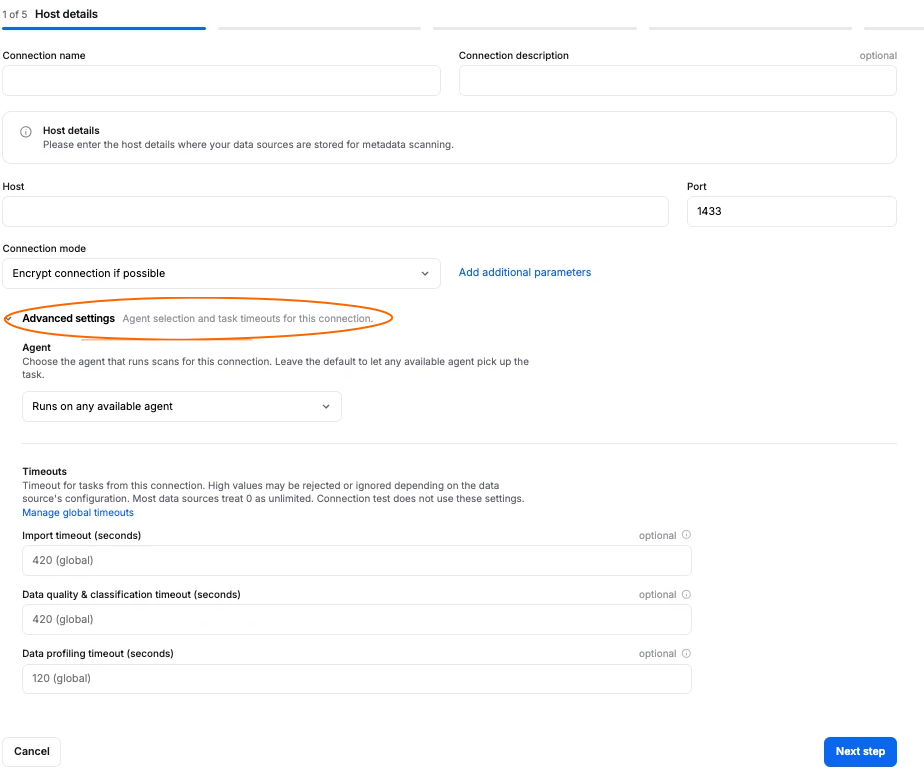 Host details page of a new connection, with the collapsed Advanced settings toggle highlighted