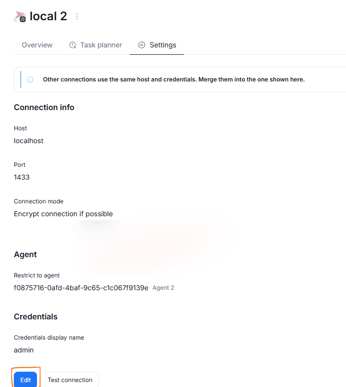 Agent section in Connection Settings