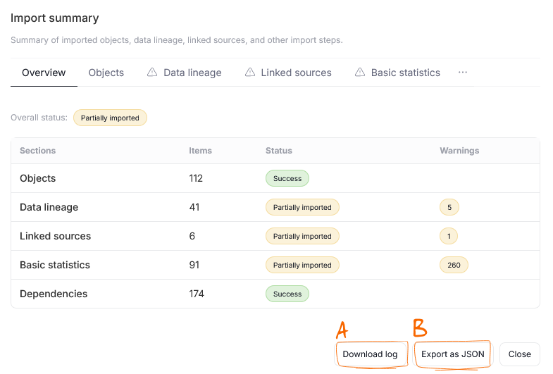 Download log and Export buttons