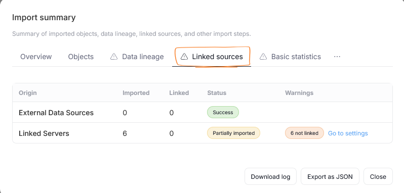 Linked sources tab in Import Summary