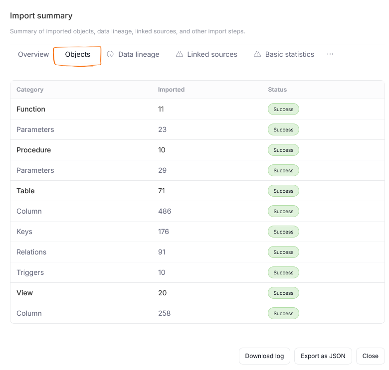 Objects tab in Import Summary