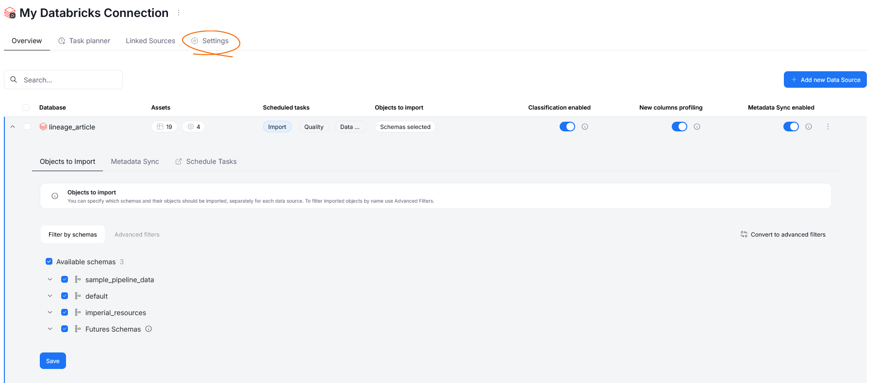Overview page of a data source's connection, with the Settings tab highlighted
